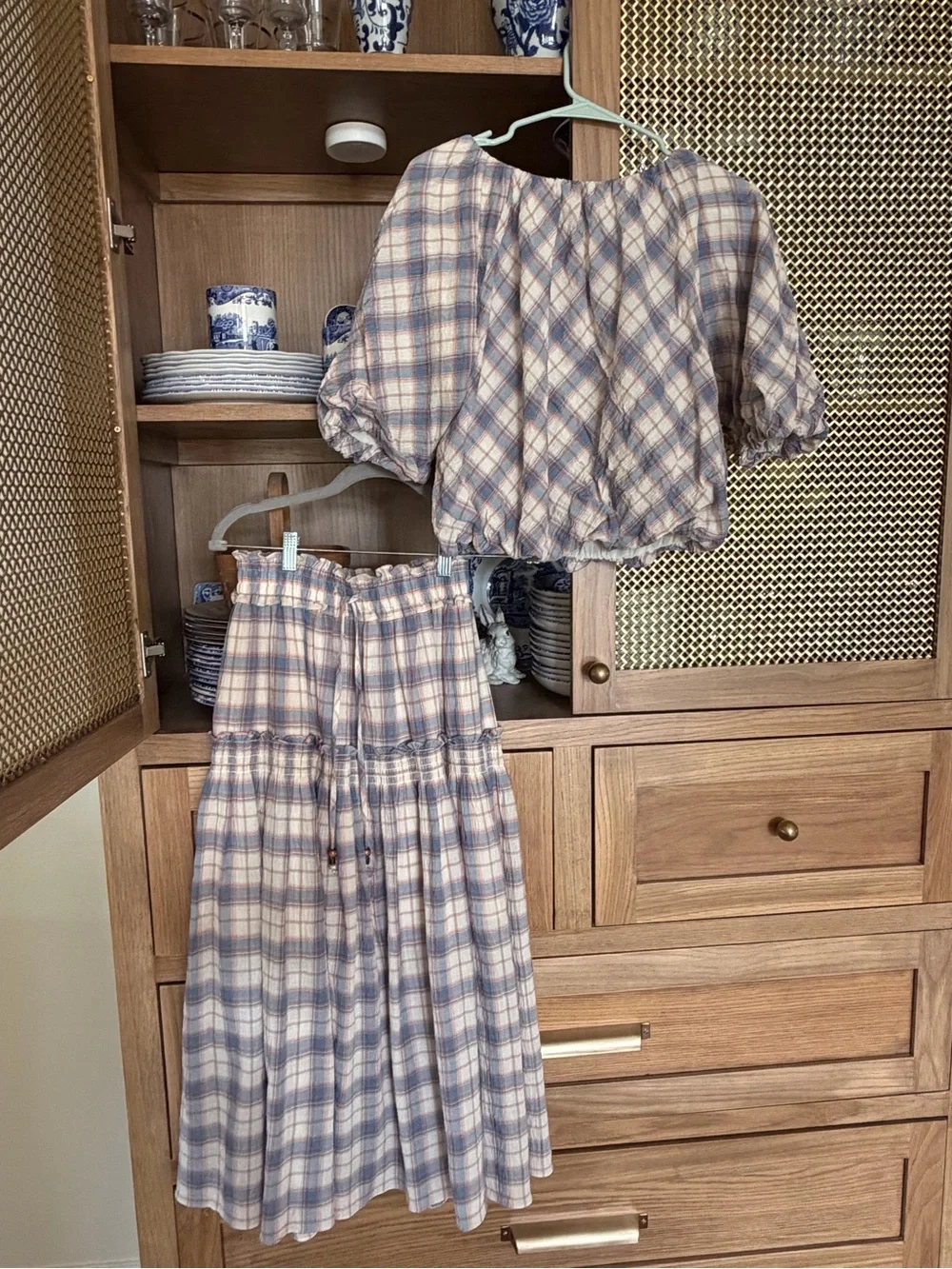 Plaid Puff-Sleeve shirt and skirt in Soft Blue and Cream